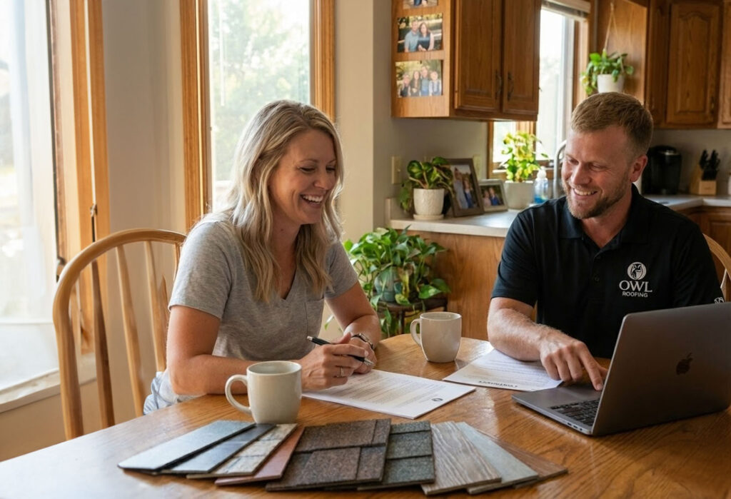 an owl roofing rep sitting down with a homeowner in Shoreview and walking through samples, be over communicative so the homeowner is always in the know is one of our strong points
