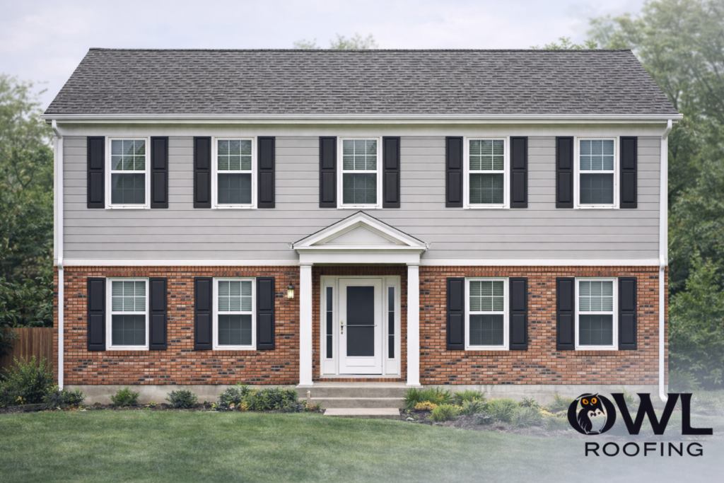 80's neo colonial home with light gray siding and a darker roof for our brick and siding combinations blog