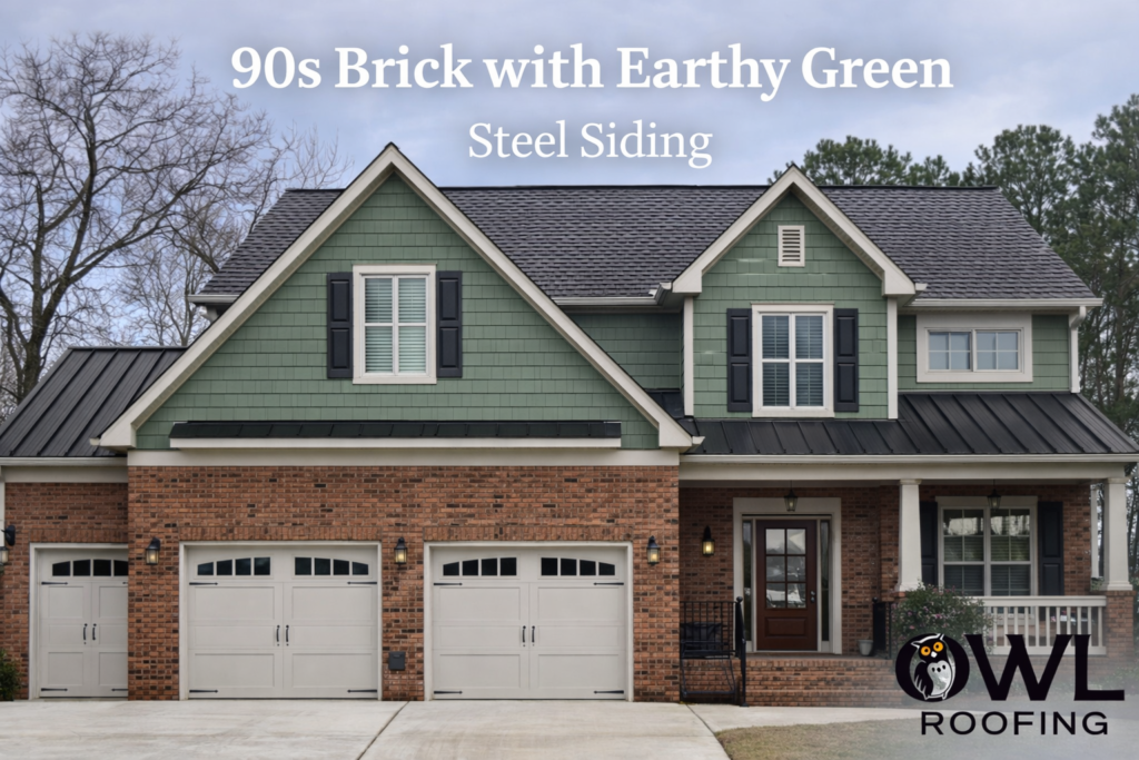 90's brick on a colonial style home with earthy green steel siding and charcoal roof with asphalt shingles and metal standing seam metal roof accents with owl roofing logo in the bottom right hand corner 