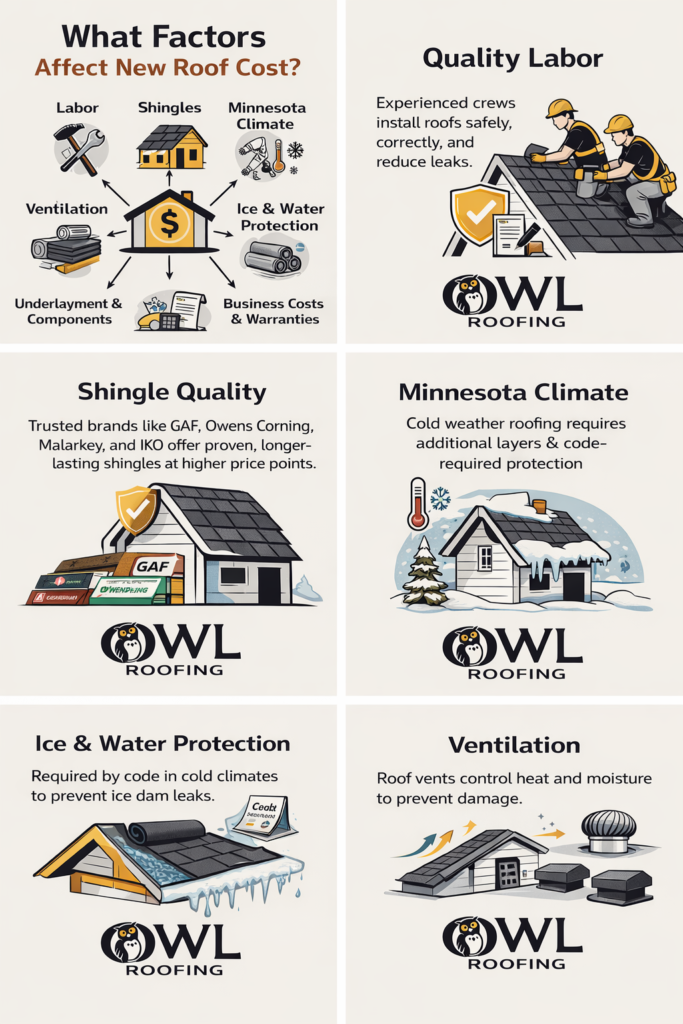 infographic showing the variable costs for a new roof which will help the consumer decide and understand how much is a new roof in Minnesota and what goes into that cost