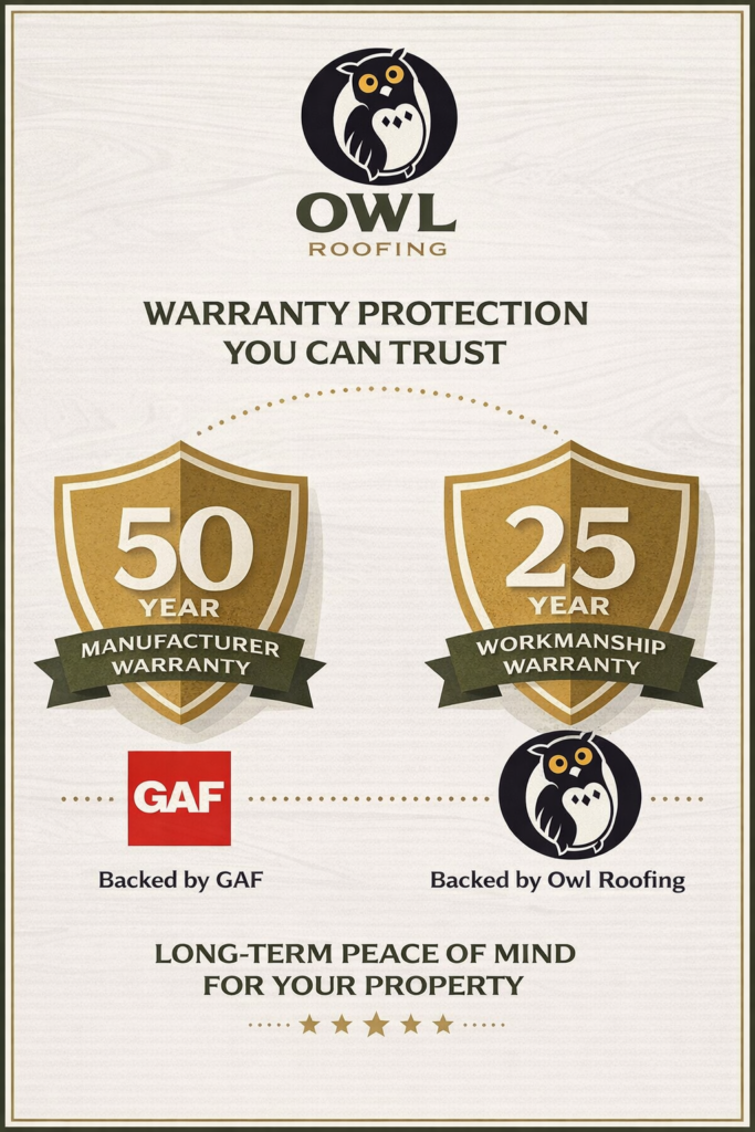 our installation will be backed by a 50 year manufacture warranty on the product by GAF and our workmanship will be backed by a 25 year warranty by owl roofing and this graphic describes both of those things
