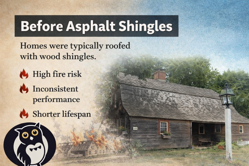 a graphic that talks about what we did before asphalt roofing and the risks that came with wood shingles