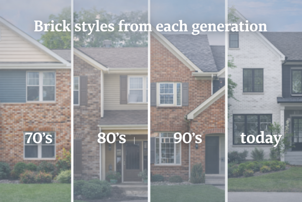 a graphic that shows brick styles from each generation from the 70s, 80s, 90s, and today for our brick and siding combination blog on owl roofing website