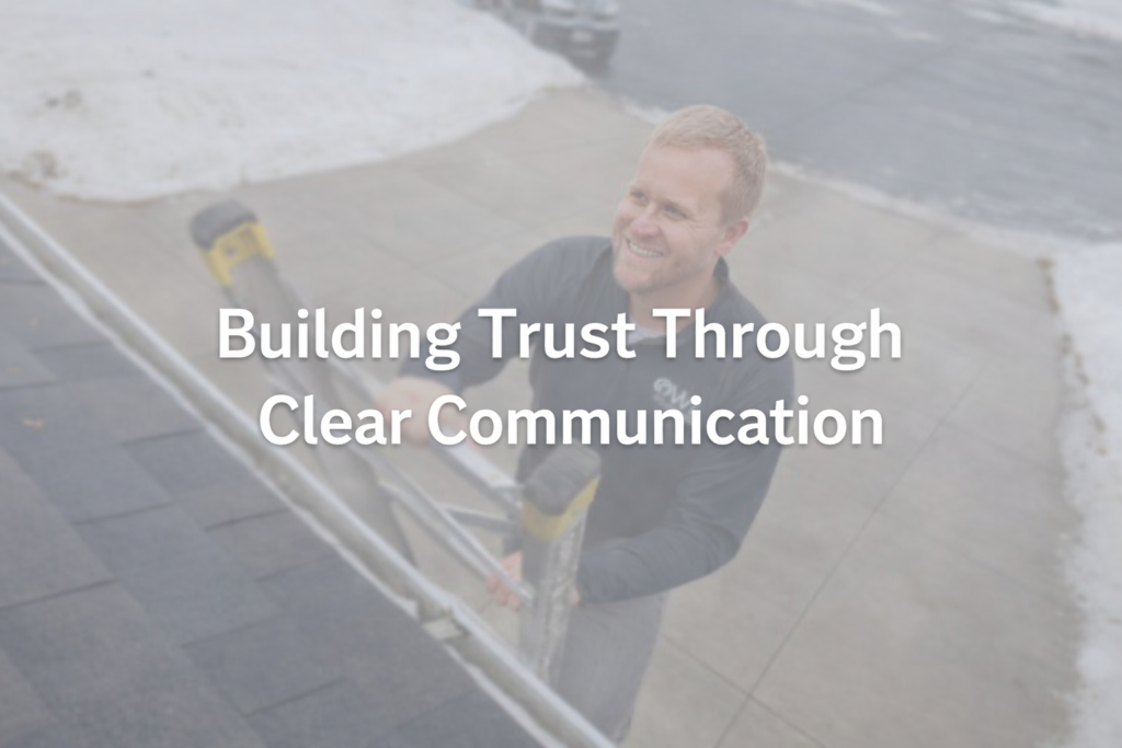 shows Noah Bergland from Owl Roofing out of Shoreview Minnesota in the background and has text over it that says building trust through clear communication text overlay over the photo and Owl Roofing is a multi-family roof repair company in the twin cities