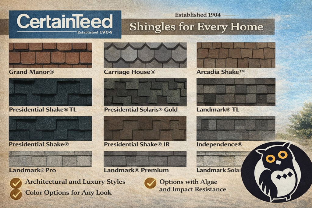 a graphic showing certainteed presidential shingles that they make and they are high quality shingles, especially the Belmont's and the Presidential Shakes.