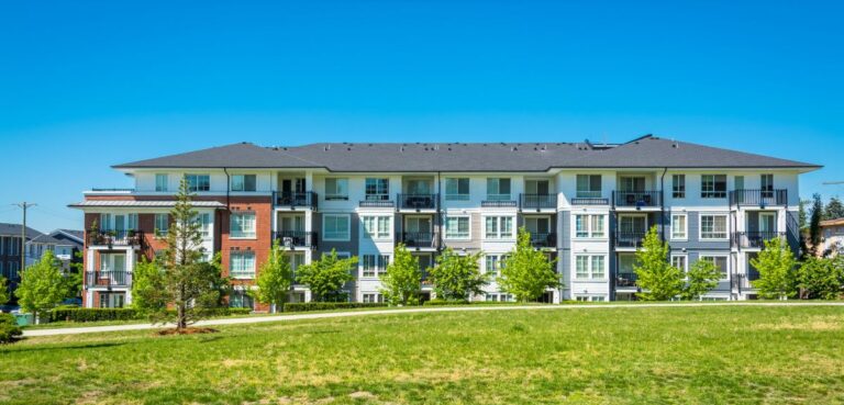 colorful apartment complex with asphalt shingle roof