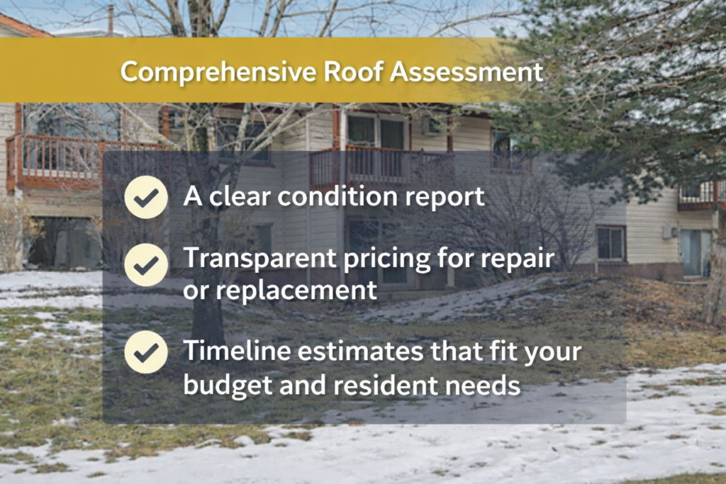 a comprehensive roof assessment graphic that says, a clear condition report, transparent pricing for repair or replacement, and timeline estimates that fit your budget and resident needs