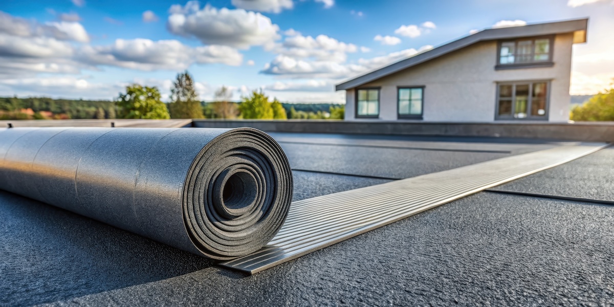 Flexible roll of EPDM rubber material unrolling on a modern asphalt shingle roof with sleek architectural lines and minimal overhangs , roofing material, epdm rubber