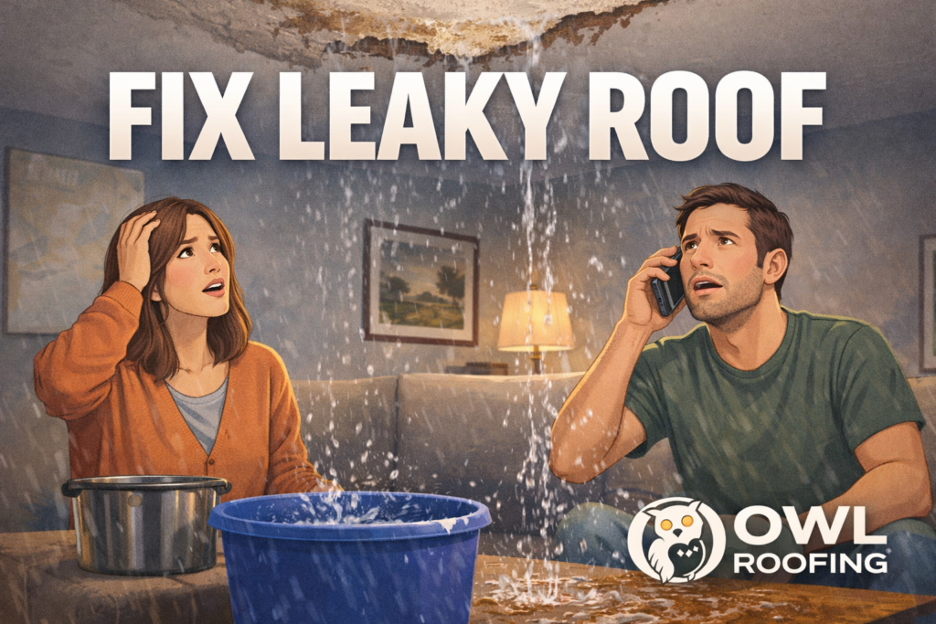 two homeowners sitting in living room looking at a roof leak, the husband is on the phone calling owl roofing, owl roofing logo in the bottom right hand corner.