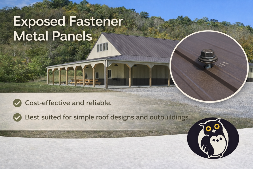 a building with Metal Sales of Rodgers exposed fastening metal panels installed on it for our blog metal roofing in Shoreview