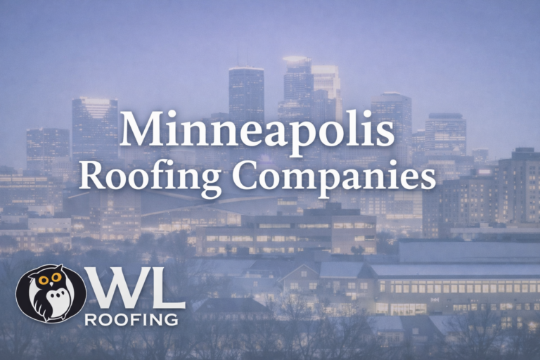 a shot of the Minneapolis skyline in the background and text overlay that reads Minneapolis roofing companies and an owl roofing logo