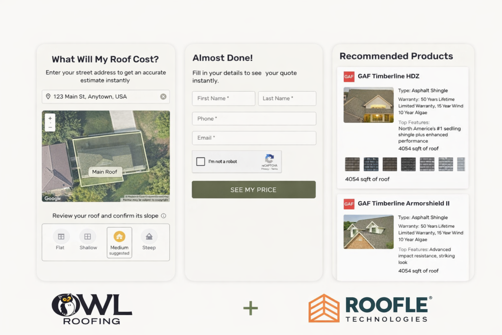 visuals of a step by step process to get an instant roof quote online through roofle which is a roofing cost estimator 