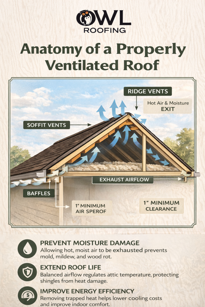 infographic showing airflow going through the eaves of the roofline, through the attic and out the ridge vent at the top of the roofline, ridge vent is one of the four types of roof vents that we discuss in this blog