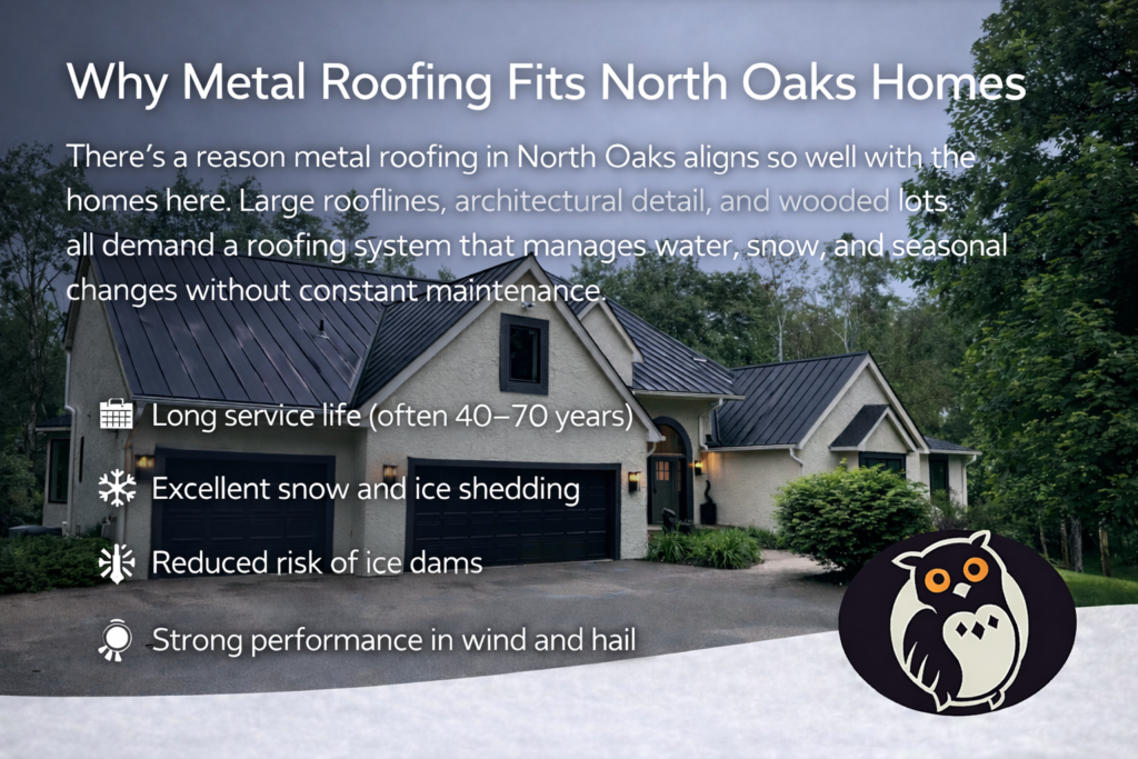 graphic that talks about metal roofing in north oaks mn and why they are a good fit for installing metal roofs in the community of north oaks