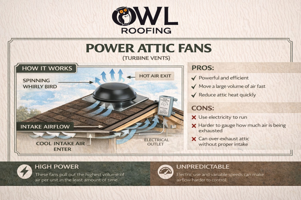 an infographic for the power attic fan, the strongest of the four roof vent types but also needs electricity