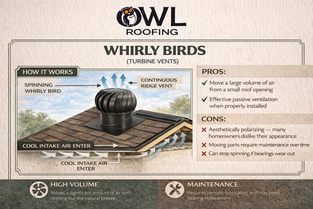 an infographic of a whirly bird which is one of the four types of roof vents that we are discussing in this blog and one of the more powerful vents