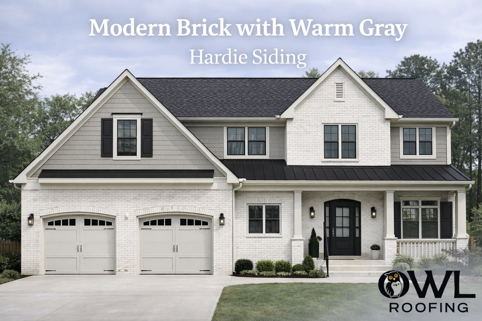 modern home with modern brick with light grey James Hardie siding and a charcoal roof with owl roofing in the bottom right hand corner