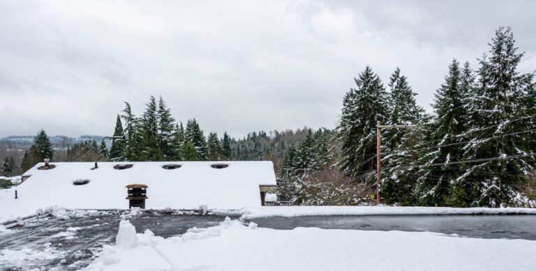 Fresh wet snow on a flat carport roof