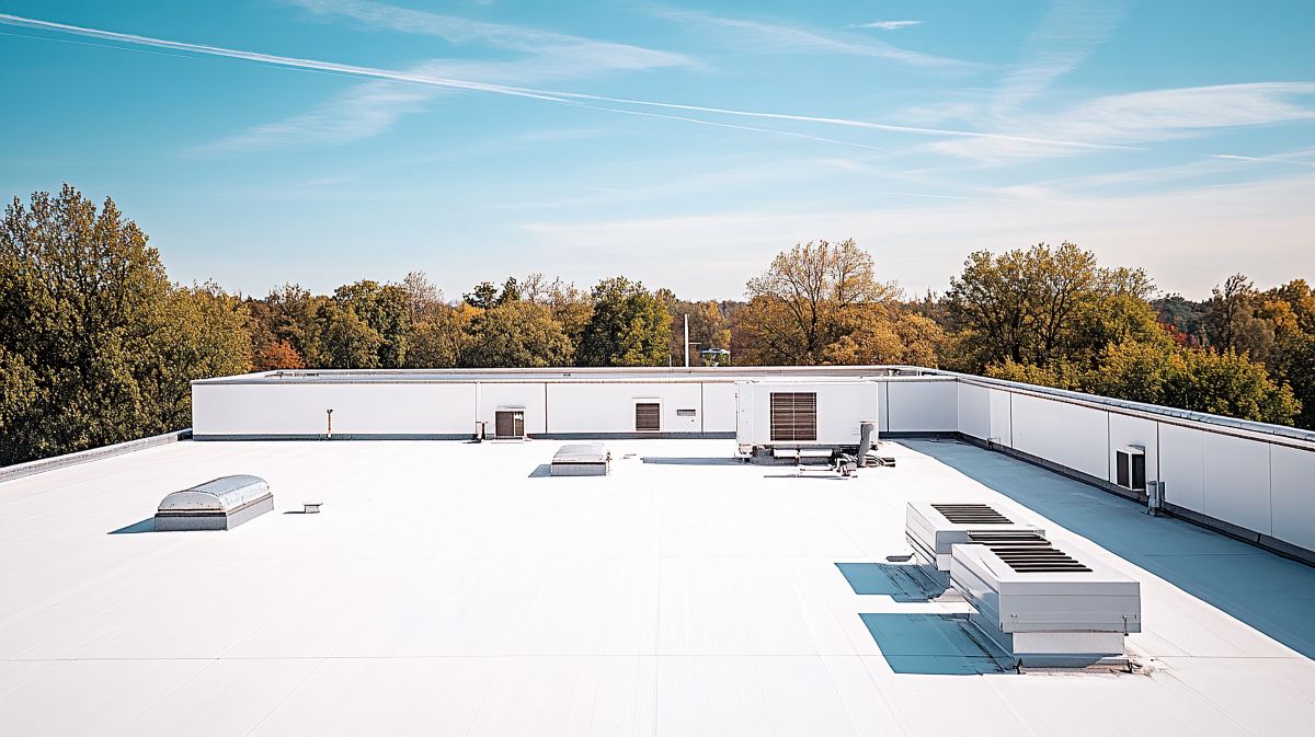 white flat commercial with greenery in the background