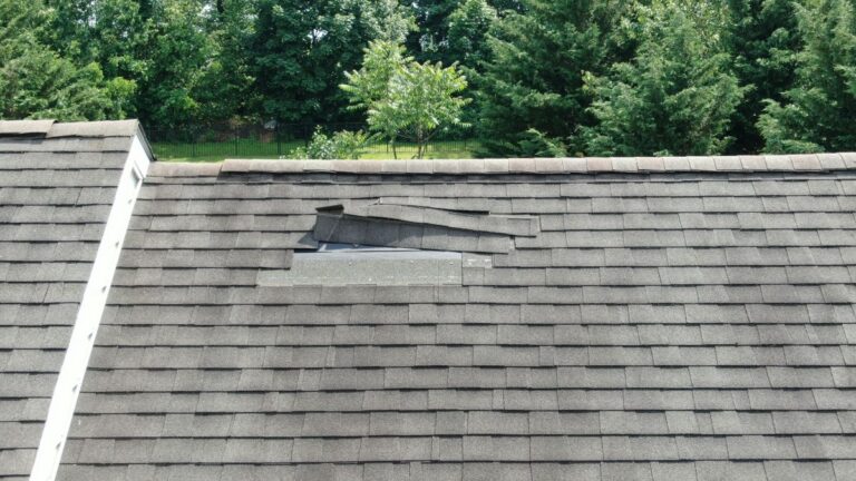Aerial Drone Close Up of Roof Damage, Missing Shingles
