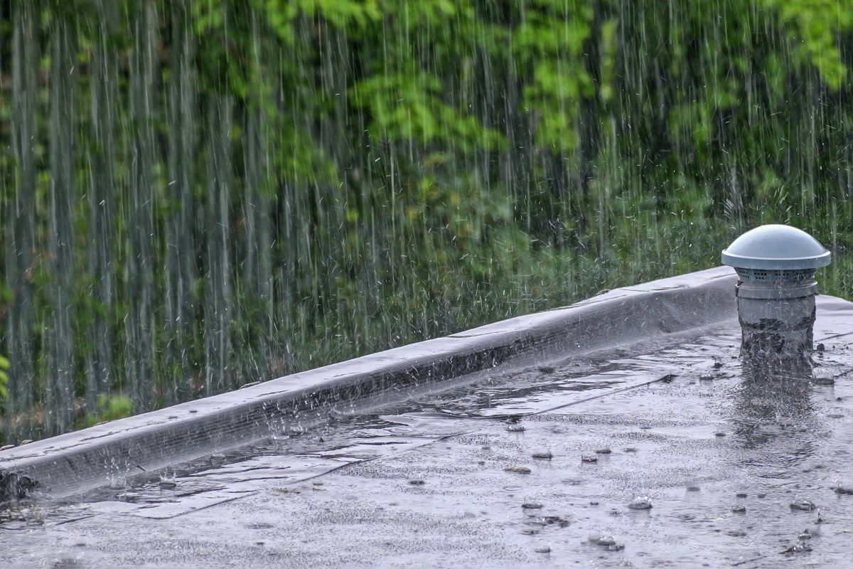 Rainwater streams pour on the roof of the building