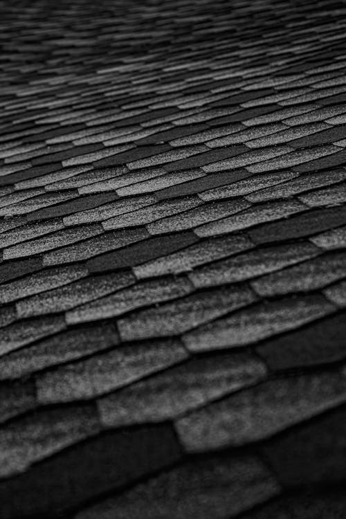 Close-up of black asphalt roof shingles showing texture and pattern on a residential roof