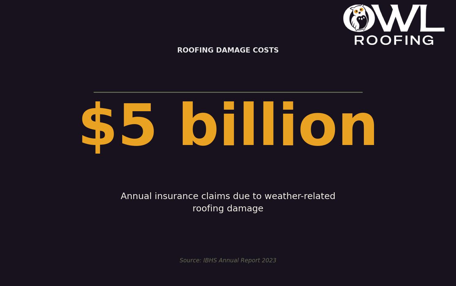 Roofing Damage Costs — Emphasizes the financial impact of choosing the right roofing material for Twin Cities homeowners. Keywords: roofing materials, types of roofing materials, popular roofing options, roofing material guide, roof material pros cons. Owl Roofing Shoreview, MN roofing contractor infographic. Source: IBHS Annual Report 2023