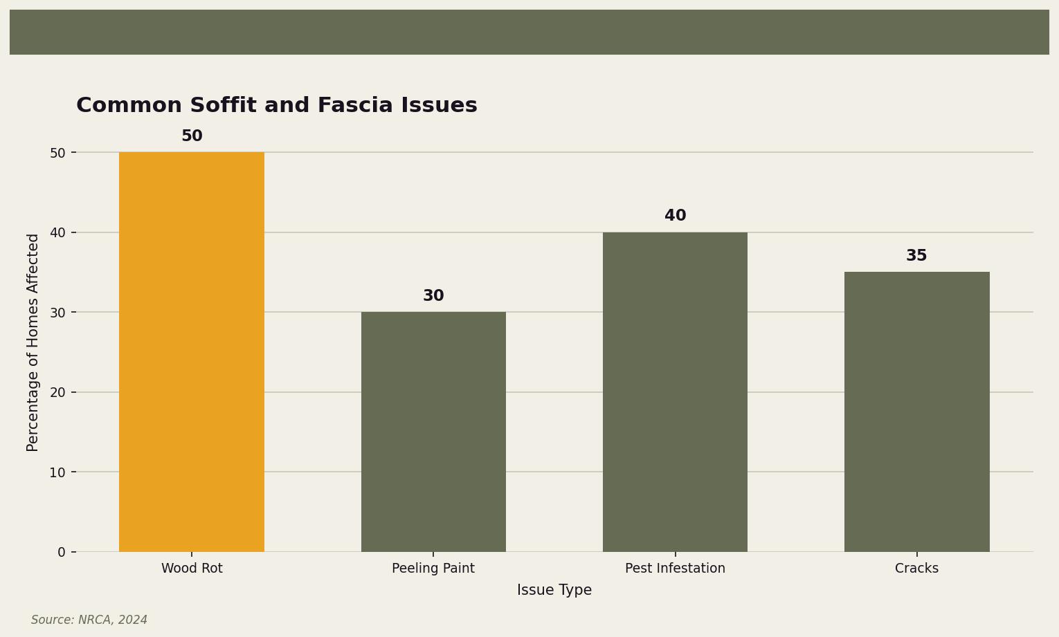Common Soffit and Fascia Issues — A chart showing the prevalence of different soffit and fascia issues for Twin Cities homeowners. Keywords: soffit and fascia repair minneapolis, fascia repair minneapolis, soffit replacement minneapolis, wood rot soffit minneapolis. Owl Roofing Shoreview, MN roofing contractor infographic. Source: Source: NRCA, 2024