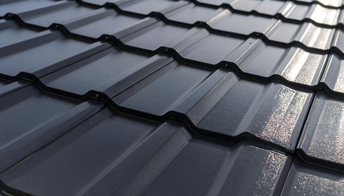 Dark gray metal roof shingles pattern