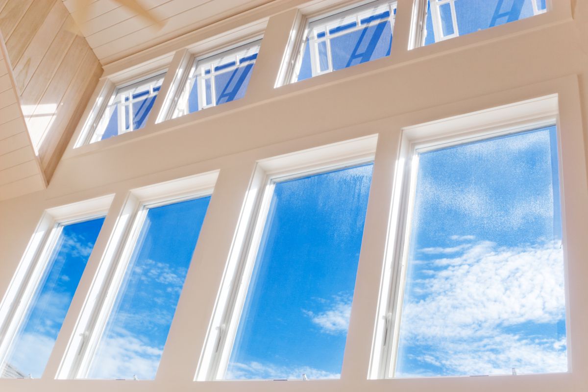 large white windows showing a blue sky